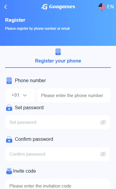 Goa Games New Account Registration Screen